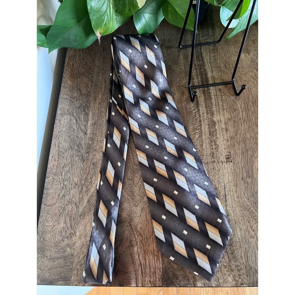 Carlos De Venezia 100% Silk‎ Brown Geometric Necktie Mens Tie 60 x4 Career - Picture 4 of 5